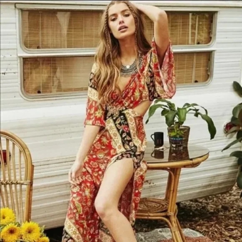 SOLD OUT Red Bohemian Floral Open Back Kimono Maxi Dress - Picture 2 of 6